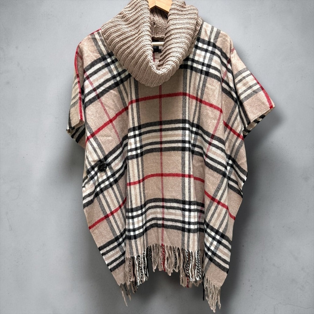 V. Fraas Taupe Plaid Cowl Neck Fringe Poncho Wrap Soft Warm NWT